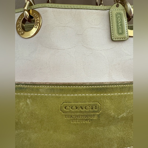 Coach Vintage Signature Tote Bag with Suede and Leather Trim -Ecru and Lime - Picture 3 of 15